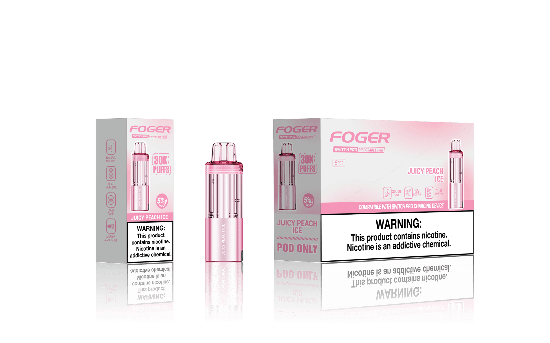 Foger Switch Pro 5% 30000 Puffs 19ml Pods 5ct Juicy Peach Ice