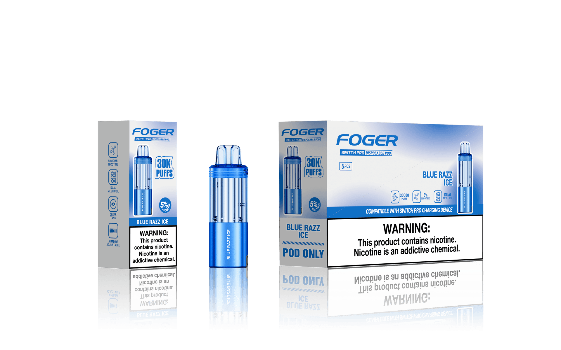 Foger Switch Pro 5% 30000 Puffs 19ml Pods 5ct Blue Razz Ice
