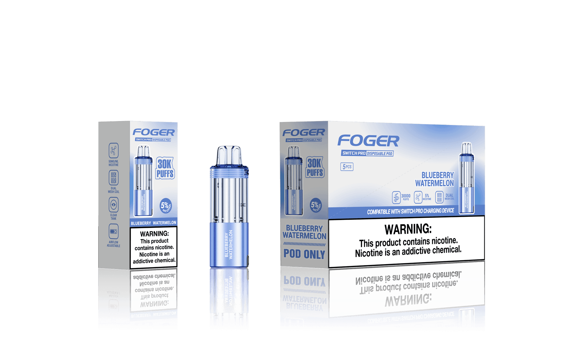 Foger Switch Pro 5% 30000 Puffs 19ml Pods 5ct Blueberry Watermelon