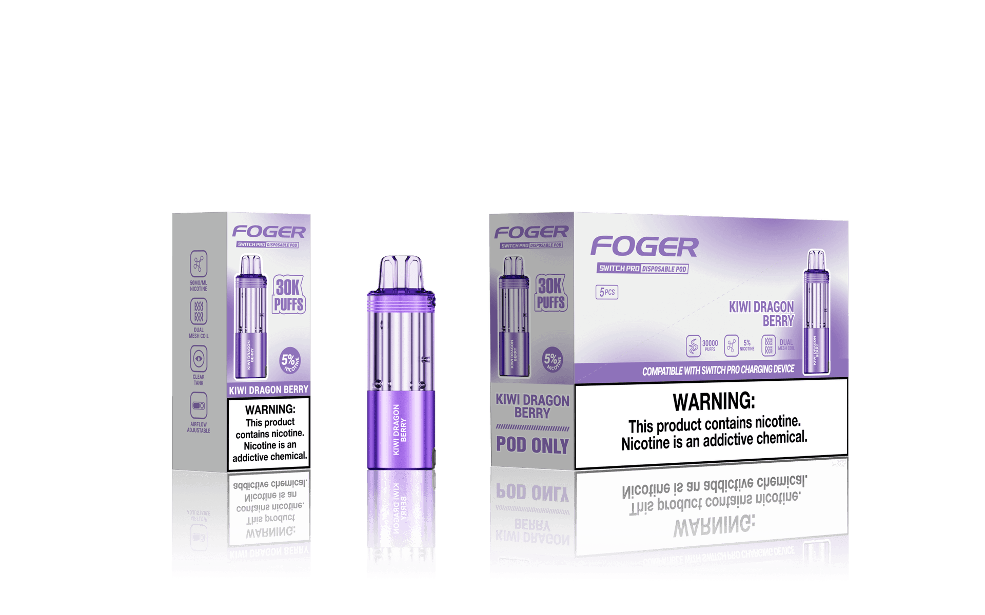 Foger Switch Pro 5% 30000 Puffs 19ml Pods 5ct Kiwi Dragon Berry