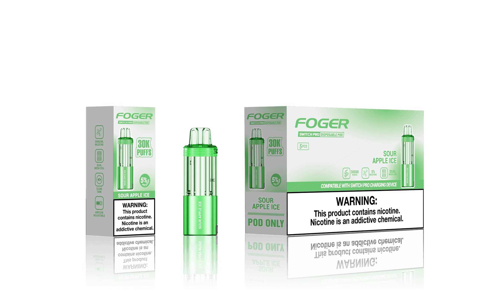 Foger Switch Pro 5% 30000 Puffs 19ml Pods 5ct Sour Apple Ice